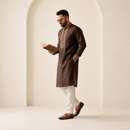 Men’s cocoa-brown designer kurta with gold embroidery and white pajama