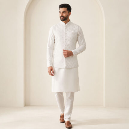 Royal White Shalwar Kameez with Waistcoat - ETHES