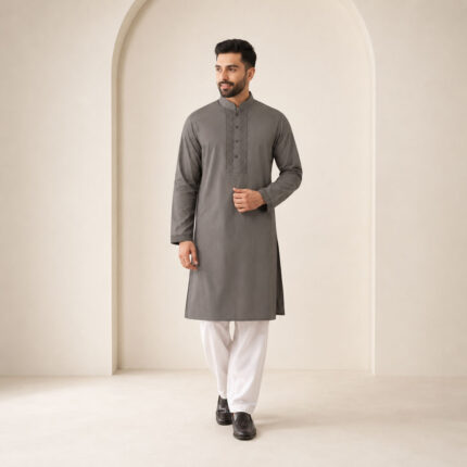 Men’s ash-grey embroidered designer kurta with white pajama